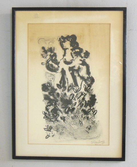 Framed print signed Chaim Gross '63: Black & white "Woman with Flowers". Image approx. 17.5" x 12".