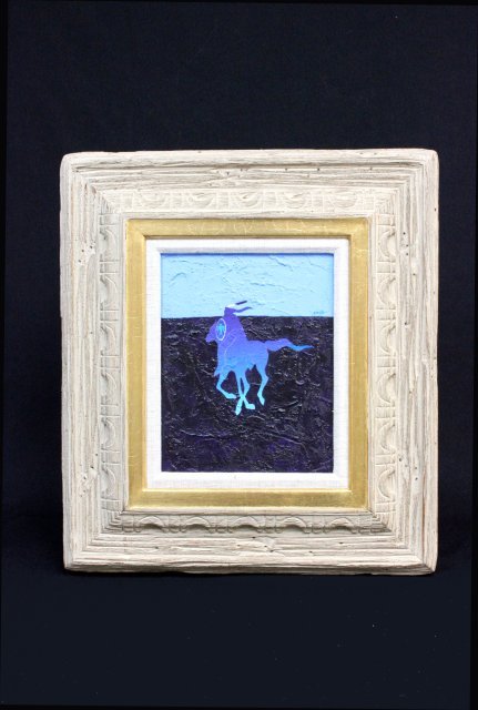 John Nieto signed acrylic painting: "Horse & Rider II", on canvas, Ventana Gallery label verso, 1936-Texas/New Mexico. Image approx. 10" x 8", 18.75" x 16.5" with frame.