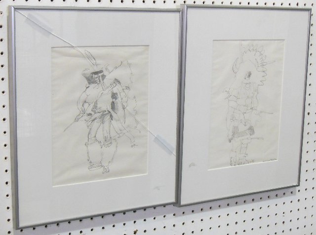 Pair John Nieto signed pencil drawings: "Native American Dancers", glass cracked on one. Approx. 7" x 14" with frame. Provenance: Short Hills, NJ estate.