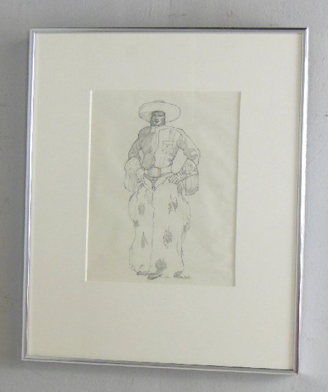 John Nieto signed pencil drawing: "Cowboy". Approx. 17" x 14" with frame. Provenance: Short Hills, NJ estate.