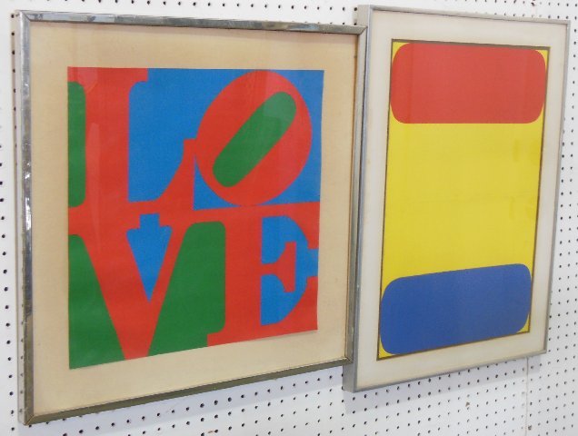 2 Robert Indiana prints: Unsigned. Approx. 26" x 19" & 23" x 22" (Love) with frame. From a Rutherford, NJ estate.