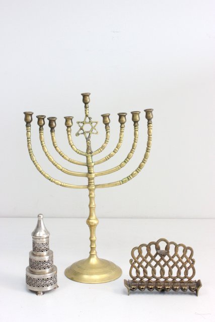 Group of Judaica items: Including: 1- Large menorah, approx. 14.5" H x 9.5" W. 1- Small menorah, approx. 4" H. 1- Spice box, approx. 6" H.