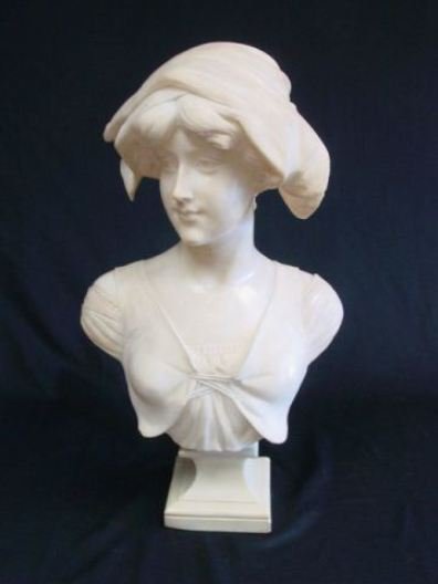 19th C alabaster bust of "Woman with Hat": Signed on back Adolph, chip on base. Approx. 24.5" H.