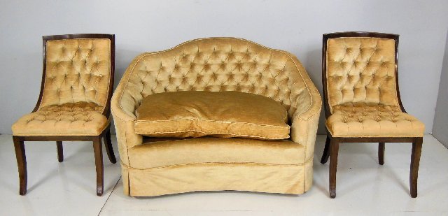 Pair mahogany framed chairs & loveseat: Tufted back, fully upholstered.