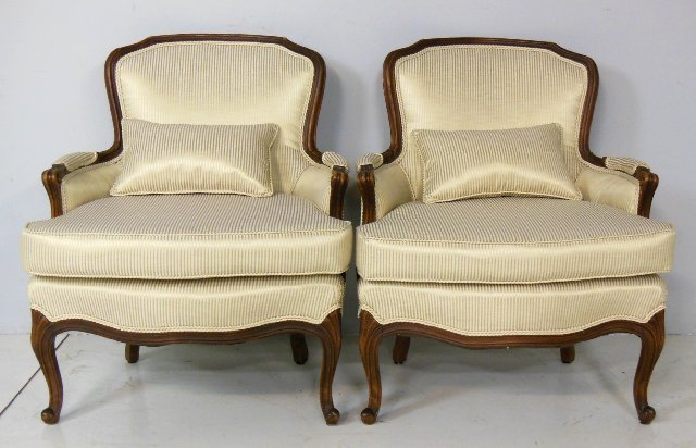 Pair striped upholstered Bergere chairs: Approx. 34 H x 27.5" W x 20" D.