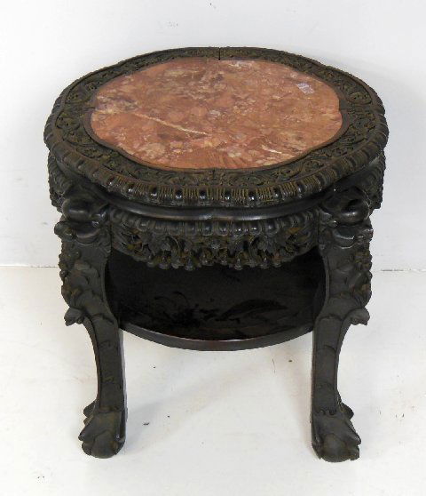 Chinese marble top teakwood taboret table: "Floral" covered apron, ball & claw leg. Approx. 22" H x 21" W.