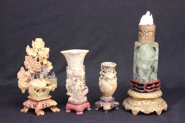 Group lot of Asian smalls: 1- 19th c. bronze, ivory, jade & quartz lamp, approx. 12" H. 3- Carved Chinese soapstone pieces, various sizes.