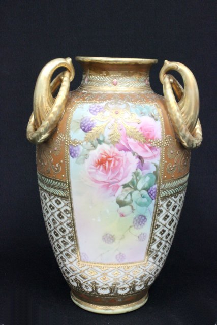 Handpainted Nippon vase: With 3 handles. Approx. 13.5" H.