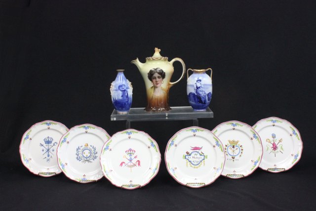 Ceramic lot of 9 pieces: Including: Bavarian portrait chocolate pot, finial chipped, transfer printed and handpainted, approx. 9.5" H. Blue & white vase, approx. 6". Royal Doulton vase, chip on rim, approx. 6". 6 French potte