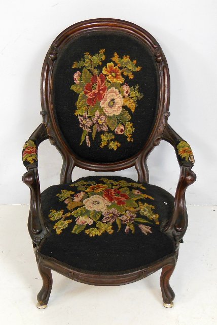 Victorian needlepoint arm chair: Approx. 40" H x 26" W x 25" D.