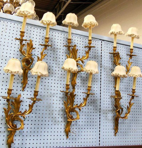 Set of 6 bronze 2 arm French sconces: Approx. 24" H to top of silk shades x 11" across.