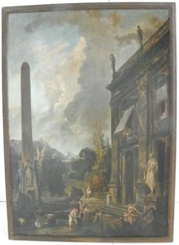 Florentine oil painting signed Robert Mareigan: 19th c. magnificent painting, "Musicians in front of an Italian Mansion Pool". Approx. 48" W x 70" H