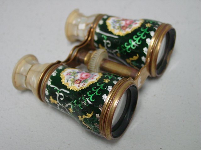 French enameled mother of pearl opera glasses: Some losses. From a Plainfield, NJ estate.