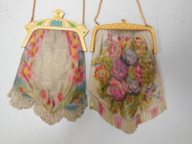 2 Whiting and Davis antique evening purses: 1- Metal mesh silk screen on metal depicting "Florals" with gold metal frame and chain. Original frame & stamped Whiting & Davis. Approx. 7.5" without fringe. 1- Metal mesh silk screen on metal depict