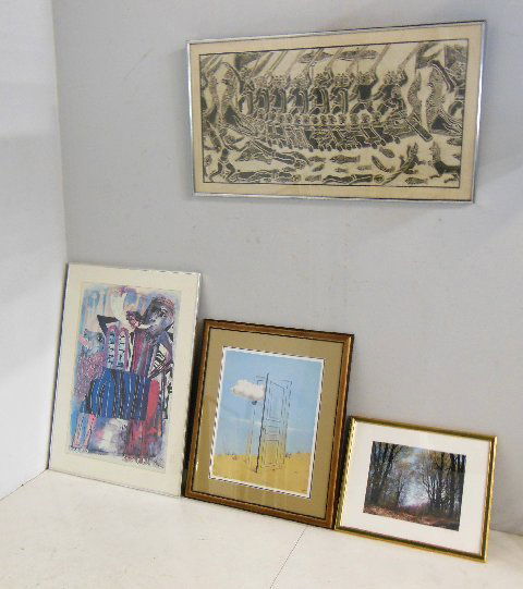 Group lot of art work: 1- "Viking Ship" on pressed paper, approx. 19" H x 38" W. 2- Modern framed art works signed Ben Shahn. Image approx. 30.5" H x 19.5", 37" H x 26" W with frame. 1- "Open Door" print, approx. 30" H x 25