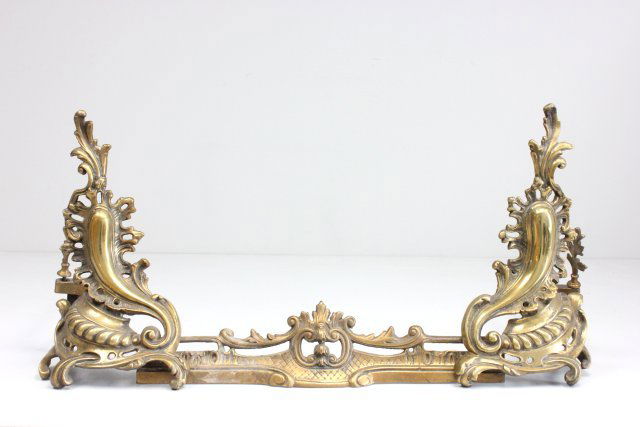 Brass andirons with fender: Approx. 17.5" H x 35" W.