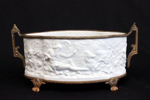 Bronze mounted French parian centerpiece: Depicting "Mythological Scene". Approx. 10" x 4" x 5".