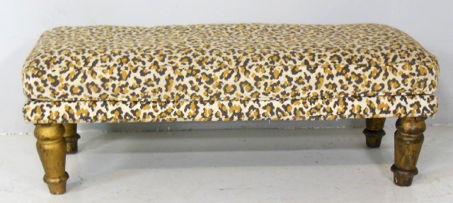 Leopard print needlepoint footstool: Approx. 37.5" W x 17.5" D x 13" H.