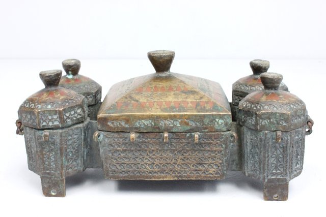 18th c. Islamic Betel box nut group: Bronze inlay, copper.