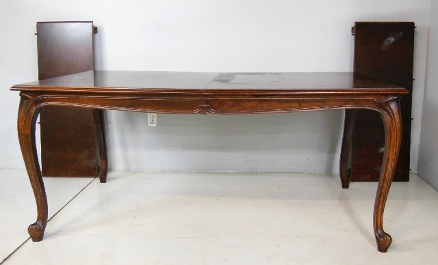 Louis XIV style dining room table: With 2 boards (15" each), needs refinishing. Approx. 70" x 42".