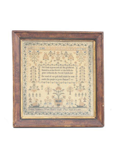 American sampler Esther Sedgley, 1839: Approx. 14.5" H x 13.5" W.