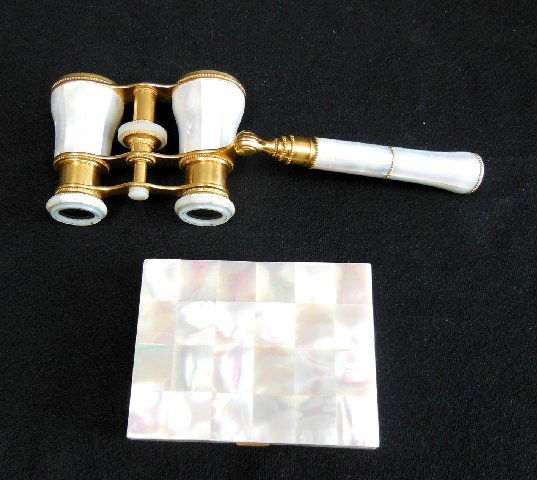 Mother of pearl opera glasses & cigarette case: Opera glasses marked LeMaire Fab Paris.