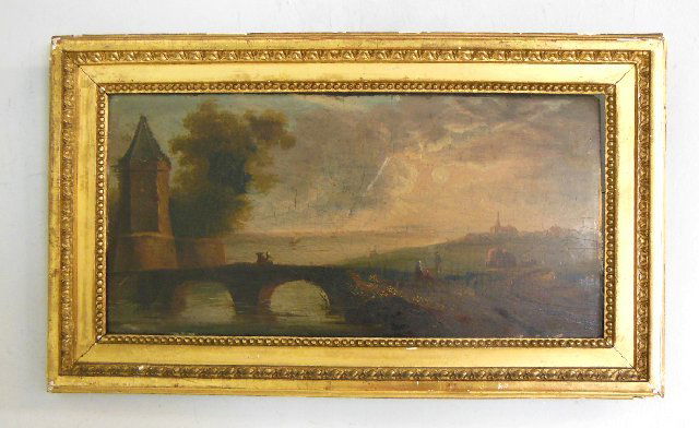 19th c. oil painting "Landscape, bridge & lake": On board. Unsigned. French label on back. Image approx. 8.5" x 17". Framed approx. 12.5" x 21.25". Minor losses to frame.