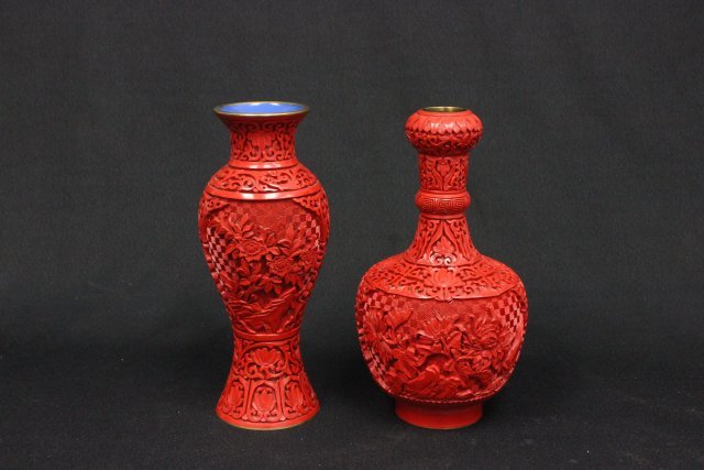 2 cinnabar vases: Approx. 9.5" & 9.25" H.