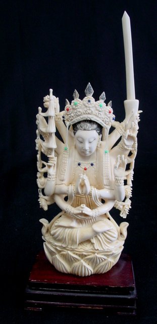 Carved Chinese bone "Buddha with Sword": Approx. 10" with base. From a Middletown, NJ collection. Hindu Goddess.