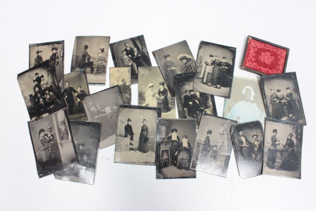 18 Steel daguerreotypes and 1 portrait on glass: Portrait on glass owned by Elinor Thompson. Provenance: From the collection of Nina Starkey, Ziegfeld Follies dancer.