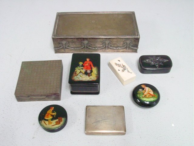 8 various boxes: Some silver, Russian, bone.