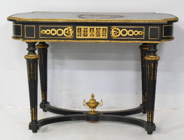 19th c. bronze mounted ebonized center table: Urn on trestle base. Approx. 37.5" W x 25.5" H x 20.5" D.
