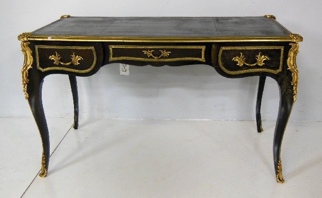 Louis XV bronze mounted bureauplat: Leather top as is, ca. 1930-40. Approx. 52.5" W x 31" H x 28" D.