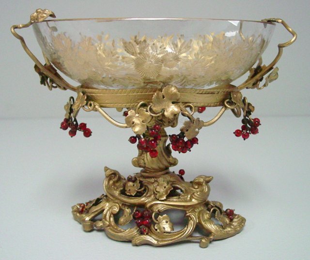 19th c. Moser bronze & crystal centerpiece: Gold painted & etched "Floral" design in glass, bronze "Leaf & Fruit". Approx. 6.5" x 7.5" W x 5" D.