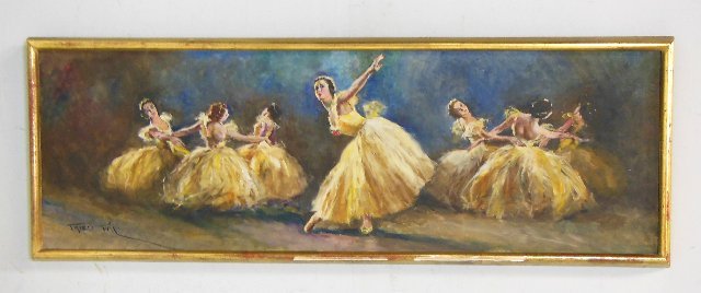 Fried Pal oil painting "Ballerinas": On canvas, signed lower left. Image approx. 16" x 48", 18" x 50" with frame. From a Midtown Manhattan estate.