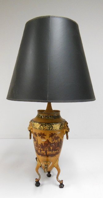 Regency tole peint coffee pot fitted as a lamp: With transfer print decoration and applied lion mask handles. Approx. 26.25" to top. Provenance: Purchased from Sophie Mavro.