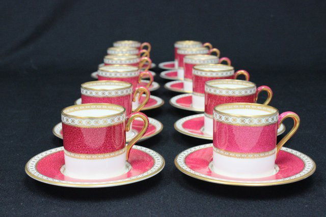 Wedgwood Ulander demitasse cups & saucers: Pattern #1813. Red, white and gold. 12 Demitasse cups and saucers.