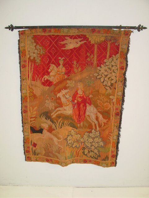Circa 1900 hanging handmade needlepoint: Depicting hunting scene. Approx. 59" X 43". Provenance: From a Brooklyn Collection.