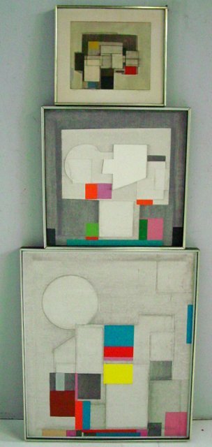 3 Norio Azuma serigraphs on canvas: Including: "Blue-Red-Yellow", approx. 34" x 25.5", "Interior" 11/80, approx. 22" x 22", "Plaza" 17/50, approx. 10" x 12".