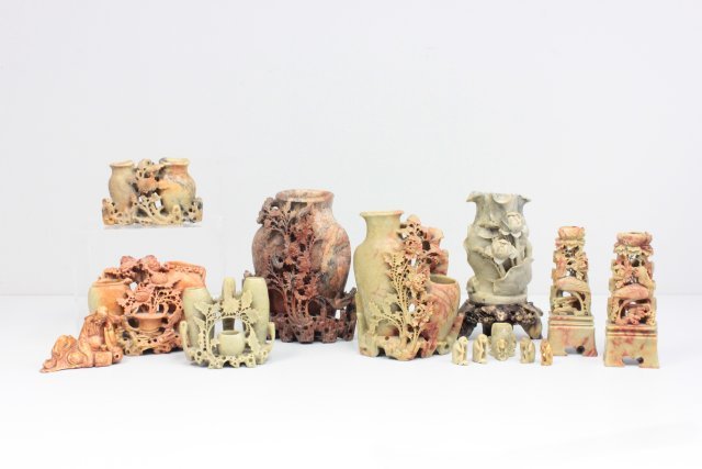 10 Chinese carved soapstone sculptures: Largest approx. 10.25" H.