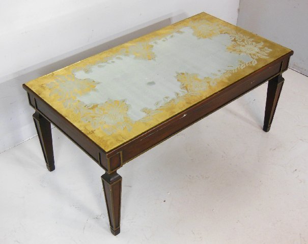 Mirror top center table ca. 1960's: Approx. 38" W x 21.5" D x 17.5" H.