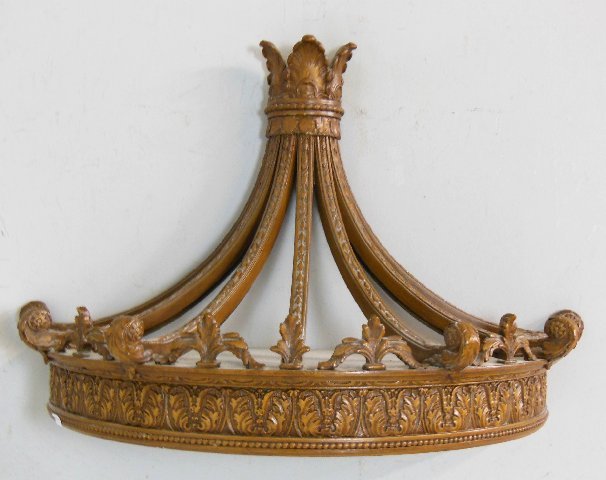 Heavily carved demilune wall decoration: With "Prince of Wales" and "Fleur des Lis" carvings. Wood and gesso. Approx. 30.25" W. X 20" X 14.5" D.