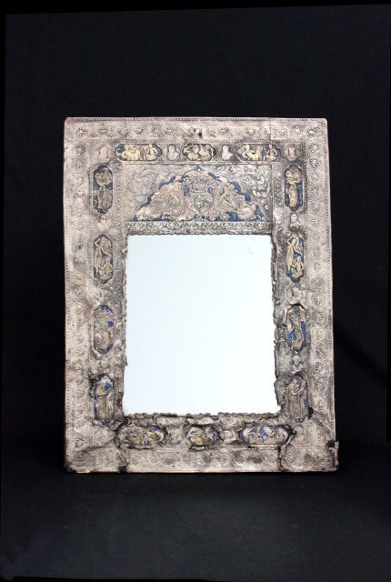 Silver foiled mirror with enamel & figures: Age unknown, condition as is, a lot of wear, Middle Eastern. Approx. 21.5" x 16".