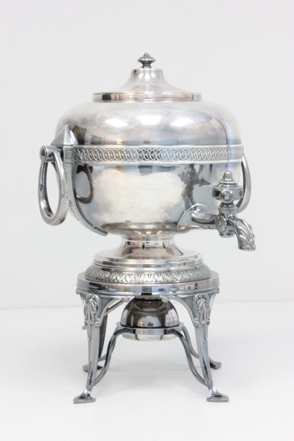 Silver plate Gorham Victorian tea kettle: Approx. 12" H. Marked on the bottom.