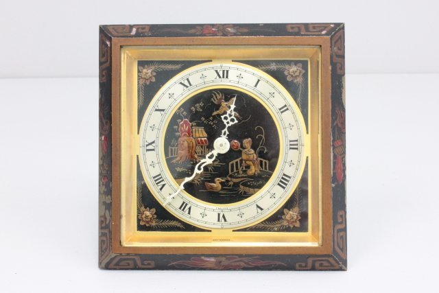 Rotterman Chinese enamel bronze desk clock: Chelsea Clock Co., working, wear on edge. Approx. 6 5/8" H.