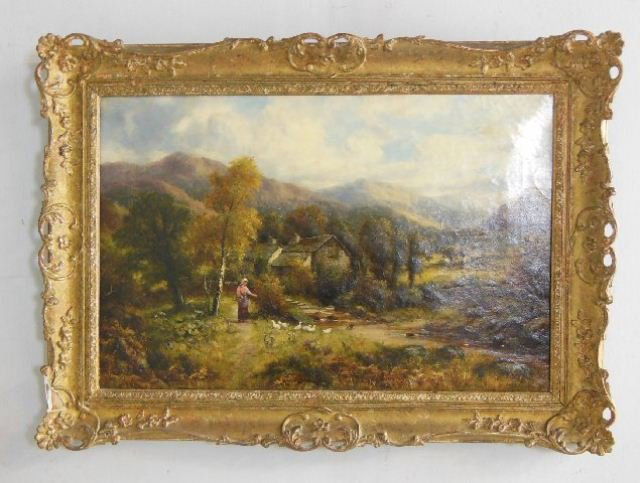 Late 19th/early 20thc William Langley oil painting: "Young Girl Feeding Geese", signed lower right. Image approx. 24" W x 16" H.