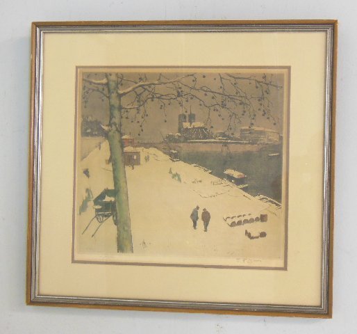 Framed artist Re-Proof Tavik Frantisek Simon 1909: "Wintor Port Scene", signed in pencil. Image approx. 13.25" x 14.25", 20" x 21" with frame.