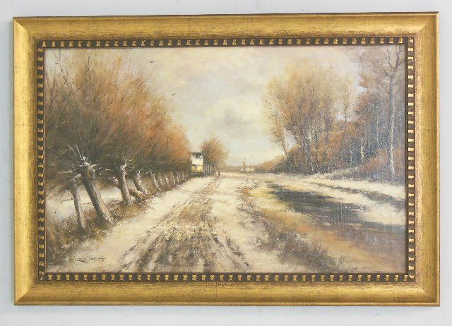 Louis Apol oil painting "Winter Scene with Figure": On canvas, mid century. Image approx. 20" x 31", 25.5" x 36.75" with frame.