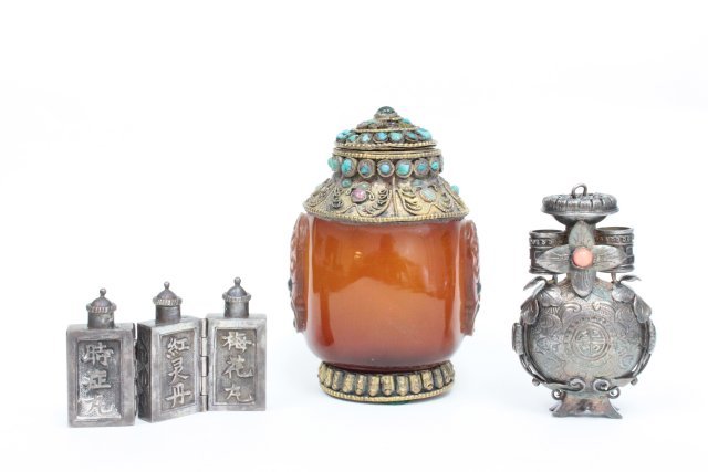 Group lot of 3 Asian articles: Including: 1- Carnelian metal & turquoise snuff bottle, approx. 3.25" H. 1- Chinese silver triple snuff bottle. 1- Pendant, approx. 2.25" H.