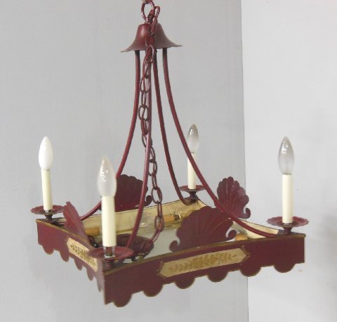 Tole chandelier: Red with "Shell" motif, painted, gothic style. Approx 23" H.